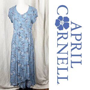 April Cornell flowy chiffon blue foral midi dress layered v-neck cottagecore